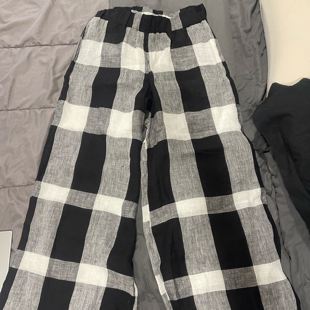 Plaid Wide Leg Pants - Black and White